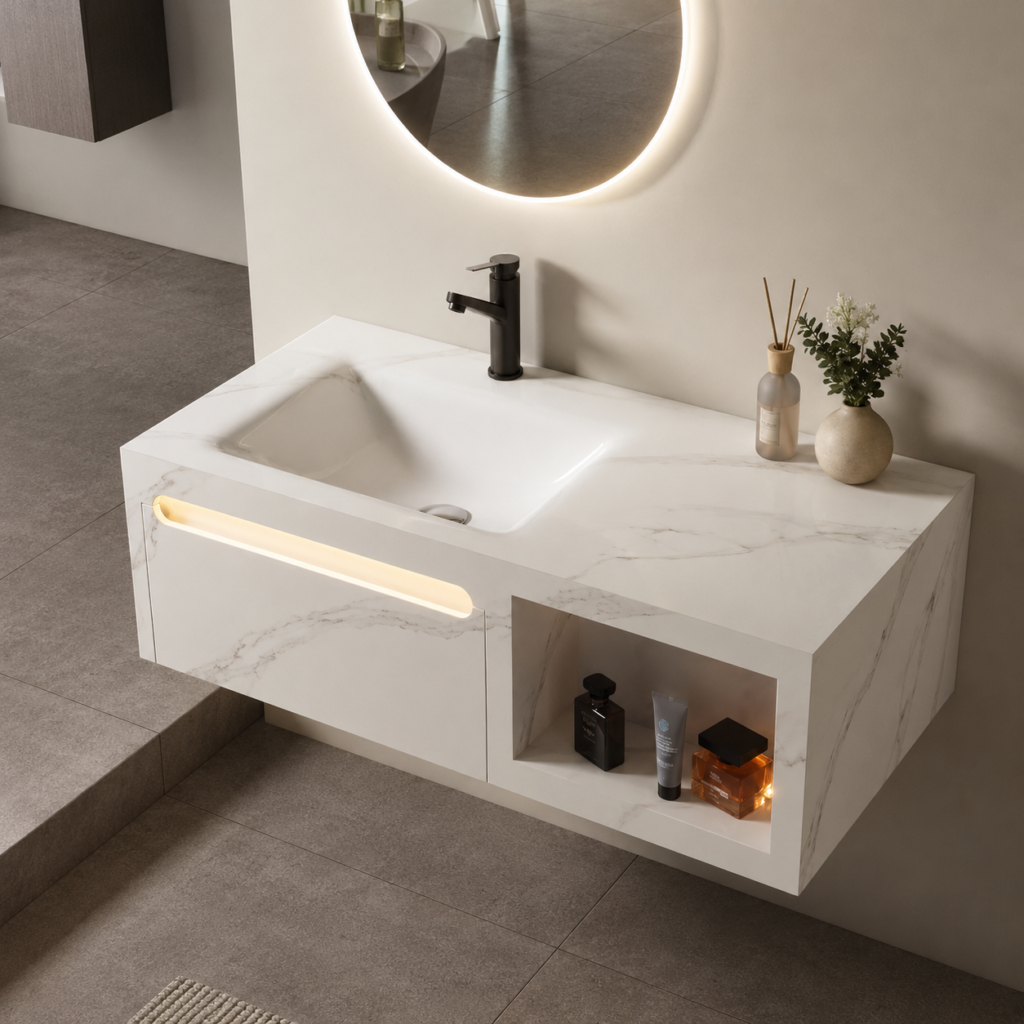 Oro Luxury White Marble Vanity with LED Mirror