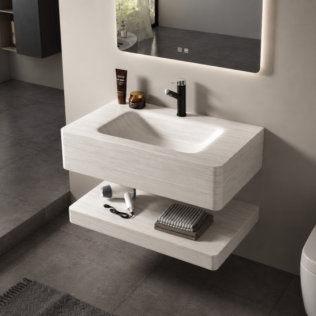 Oro White Stone Wall-Hung Basin with Shelf
