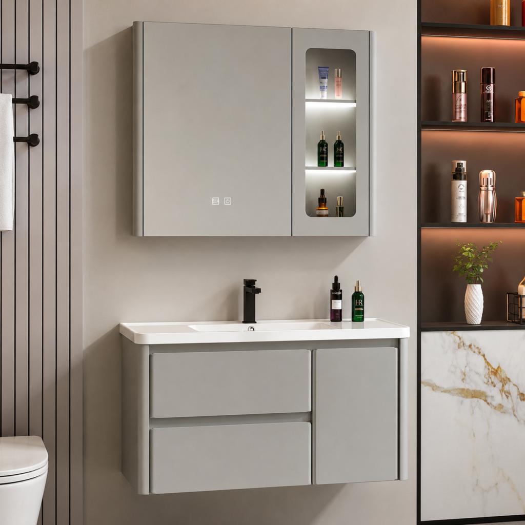 Oro Grey Wall-Hung Vanity Unit with Mirror Cabinet