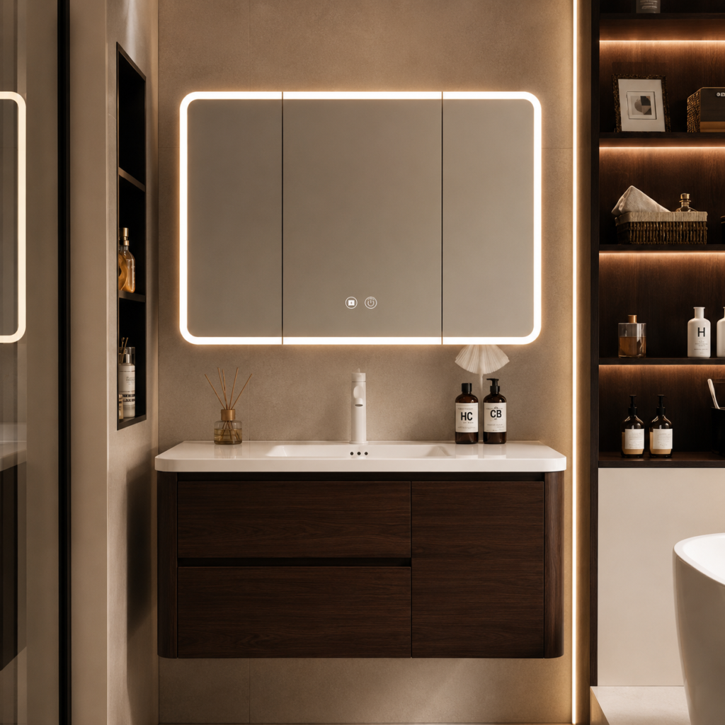 Oro Dark Wood Wall-Hung Vanity Unit with LED Mirror Cabinet